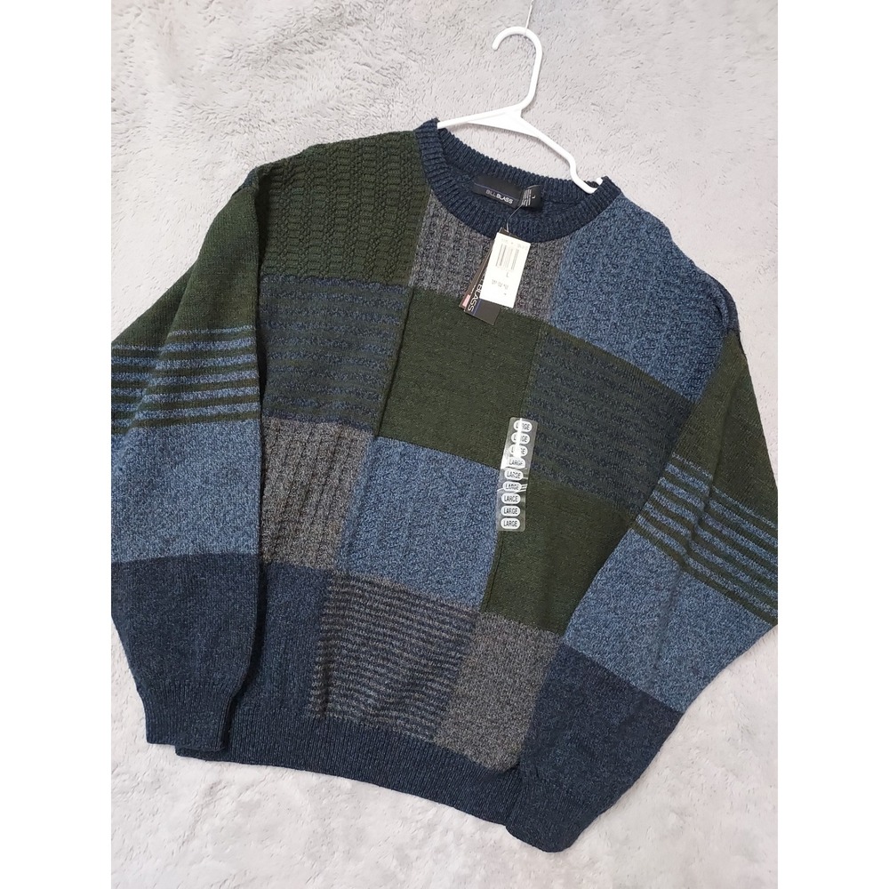 Vintage Bill Blass Sweater Mens Large Deadstock Patchwork Blue Green Hip Hop 90s